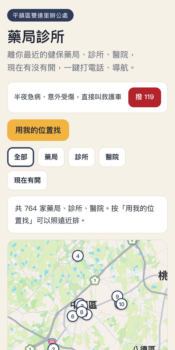 藥局診所查詢畫面:附近的健保藥局、診所與看診時段
